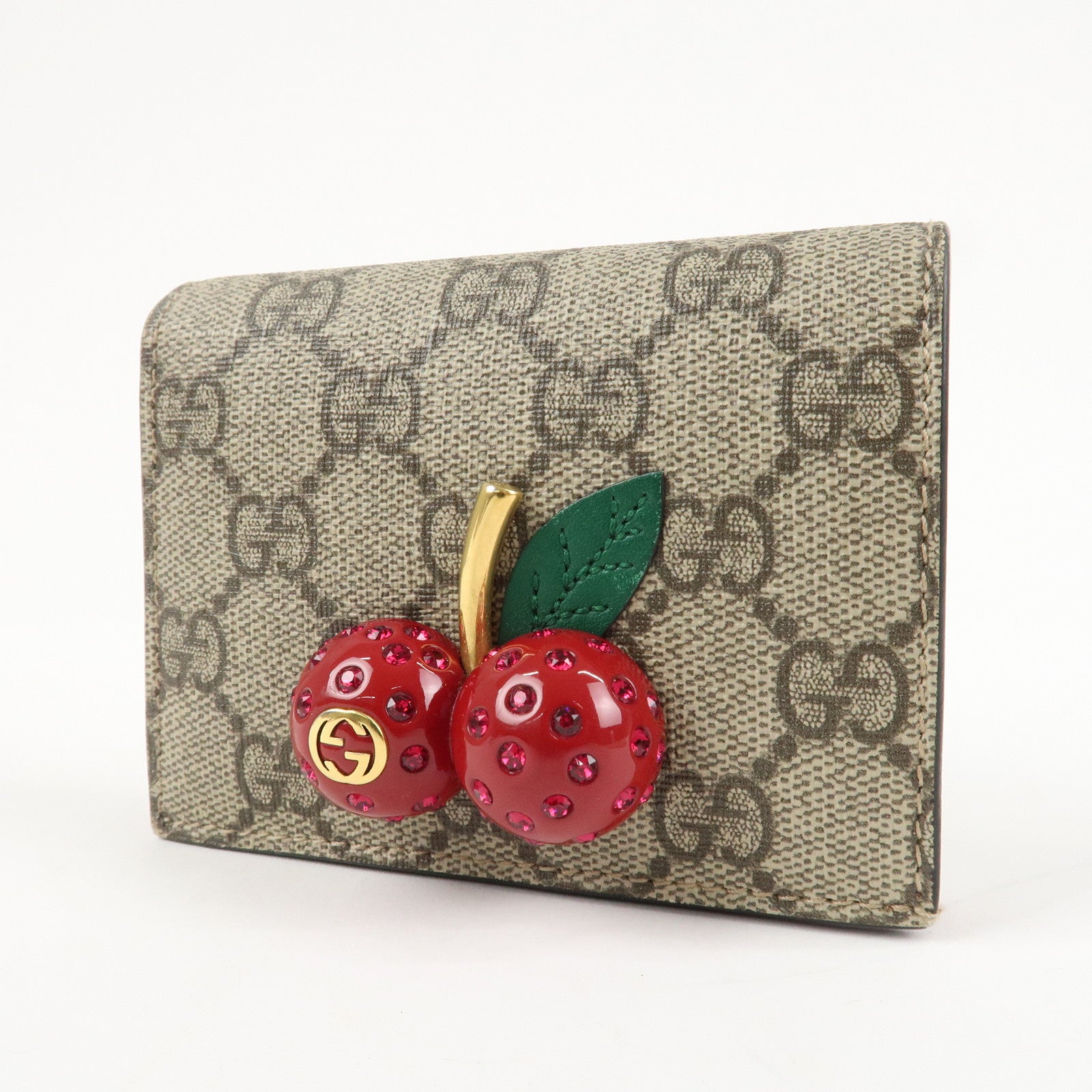 GUCCI Interlocking G GG Supreme Cherry Compact Wallet Beige 476050 Used