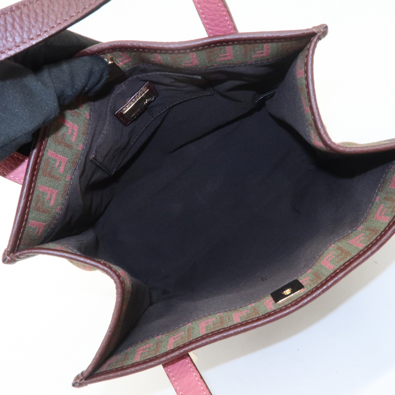 FENDI Zucchino Leather Canvas Hand Bag Khaki Bordeaux