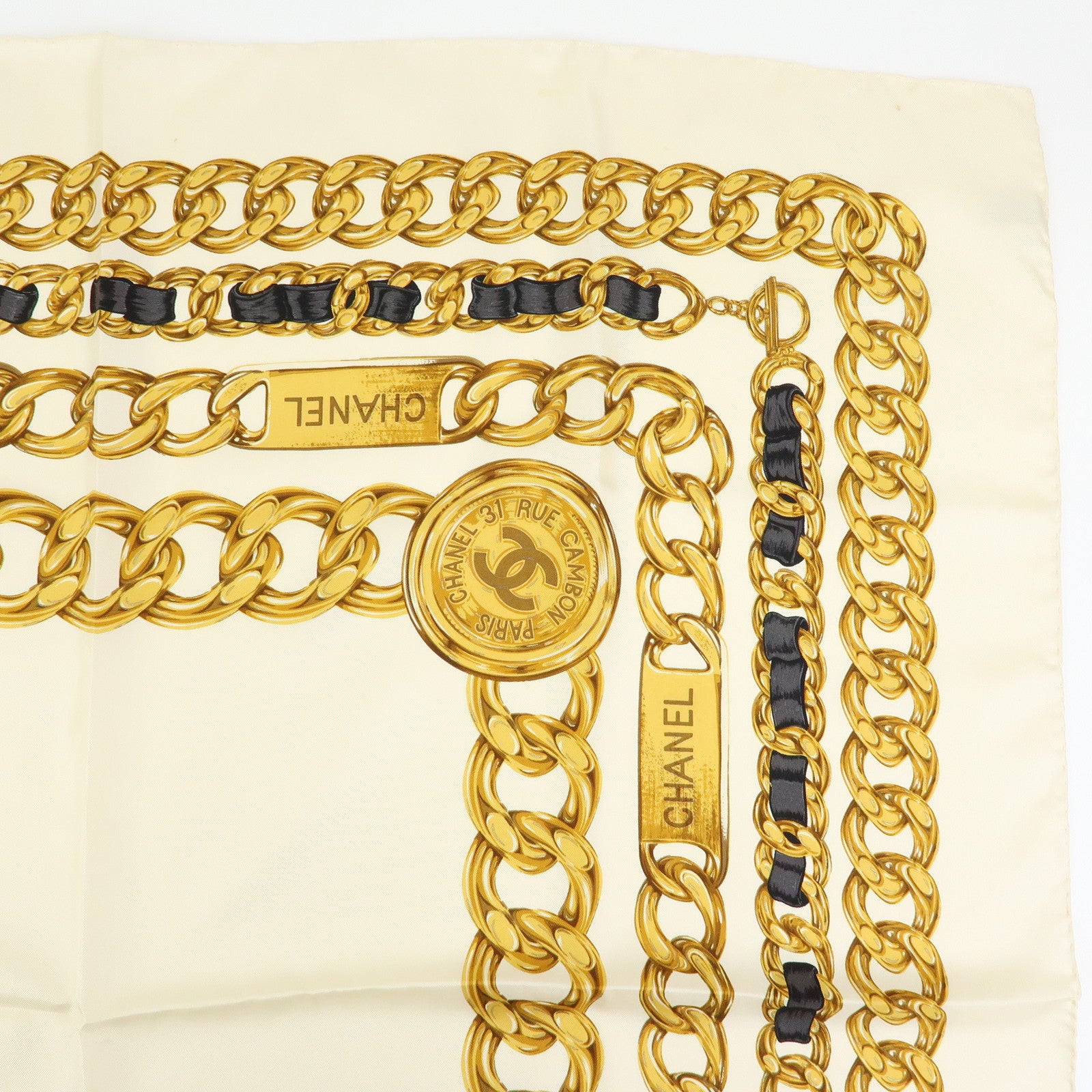 CHANEL Silk 100% Scarf Chain Medal Motif Beige Gold