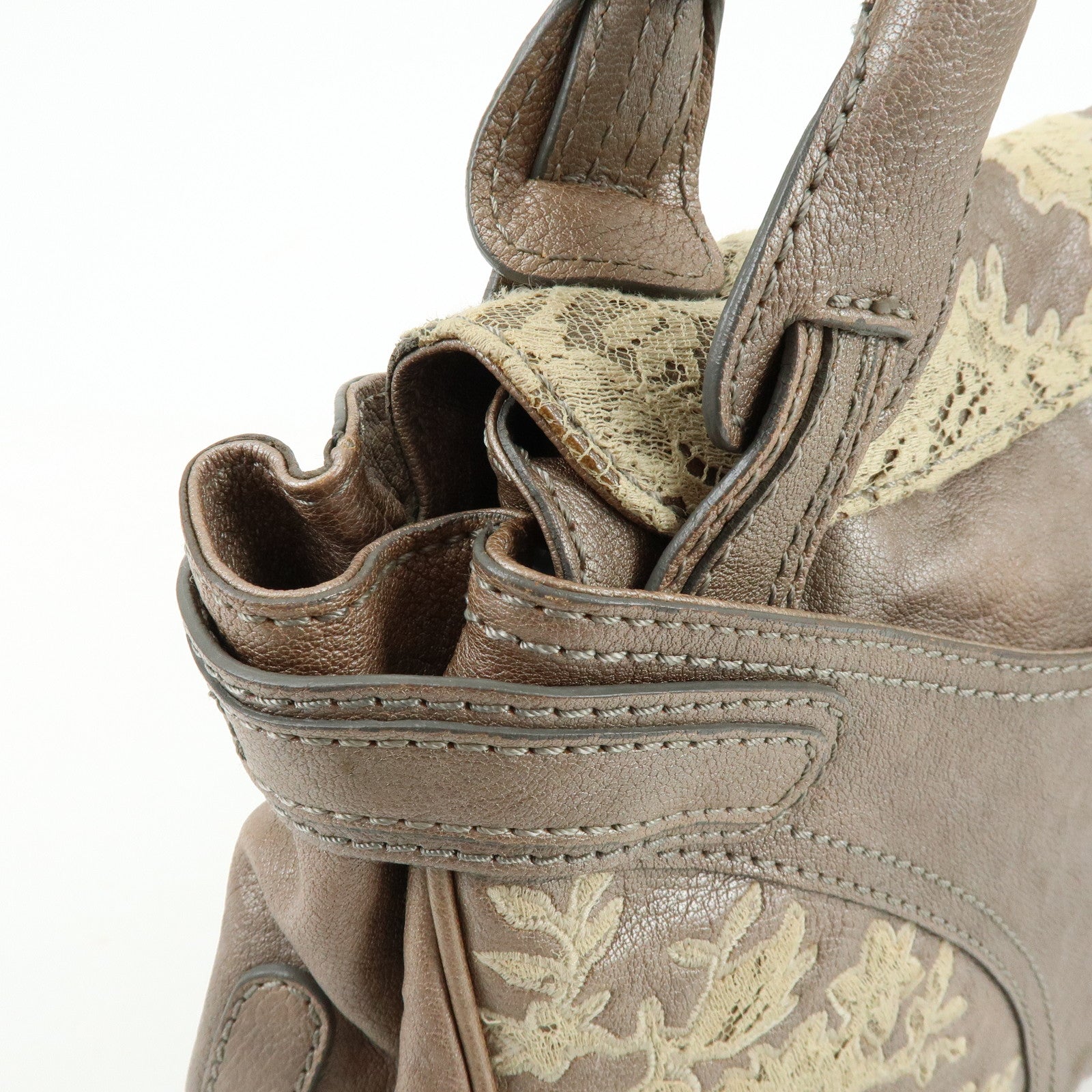 VALENTINO Flower Embroidery Leather Hand Bag Shoulder Bag Greige