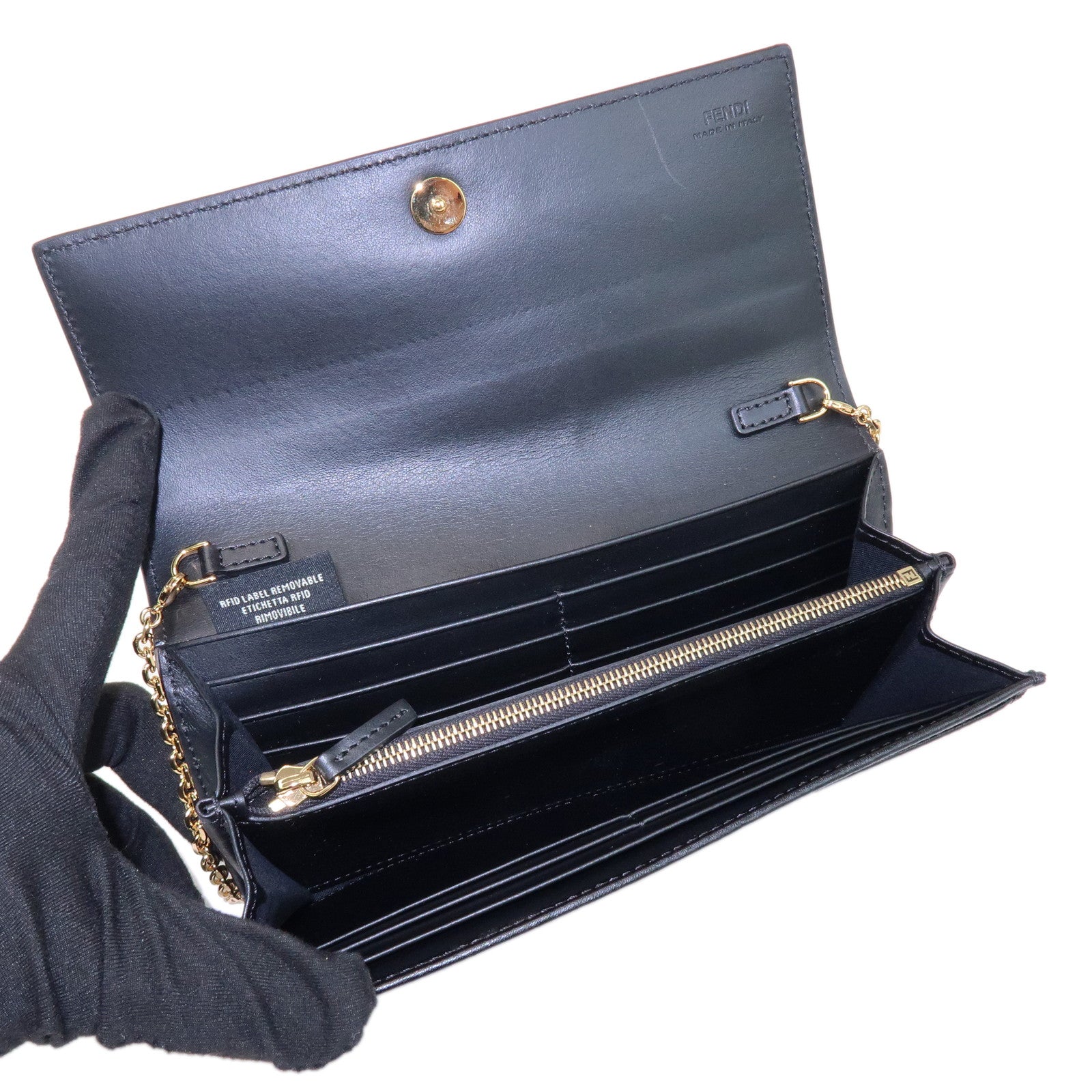 FENDI Leather Chain Wallet WOC Flap Wallet Black 8M0365