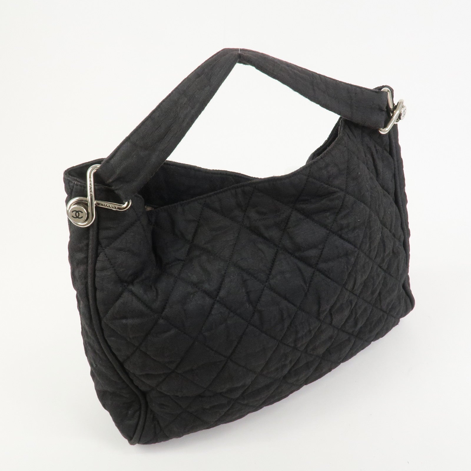 CHANEL Matelasse Canvas Large Shoulder Bag Black Silver