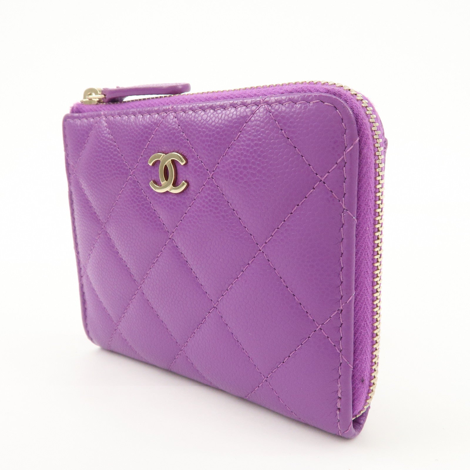 CHANEL Matelasse COCO Mark Caviar Skin Round Zippy Coin Purse Purple Used