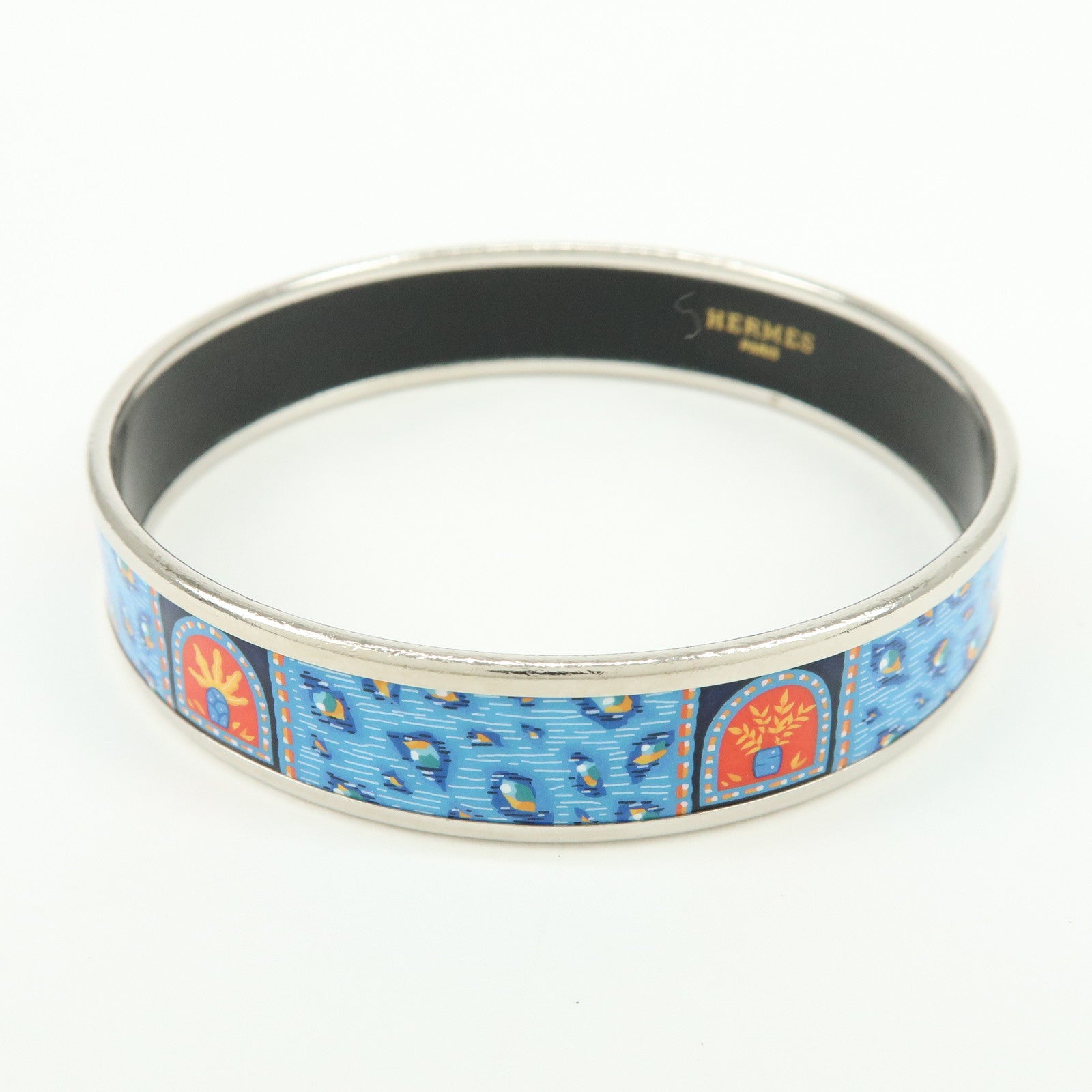 HERMES Email PM Silver Plated Bracelet Bangle Blue Multicolor