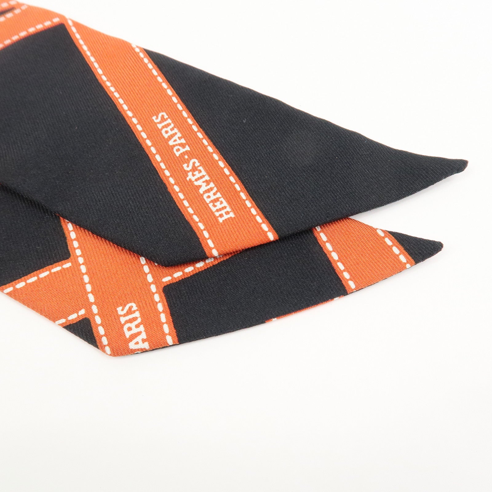 HERMES Twilly Silk 100% Bolduc Scarf Black Orange