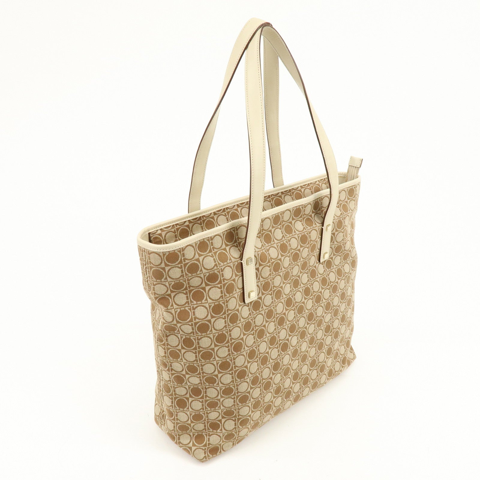 Ferragamo Gancini Canvas Leather Tote Bag Hand Bag Brown Beige