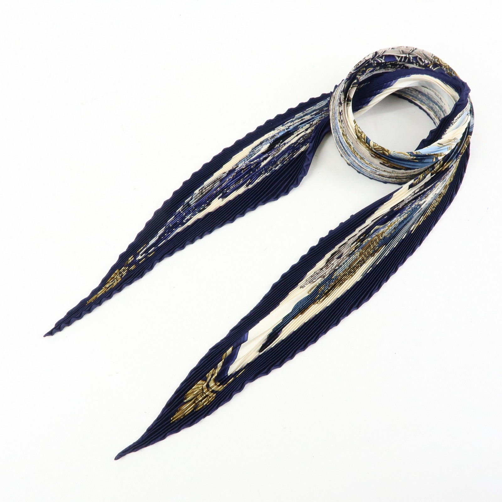 HERMES Pleated Carre 90 Silk 100% Scarf Automobile Print Navy White