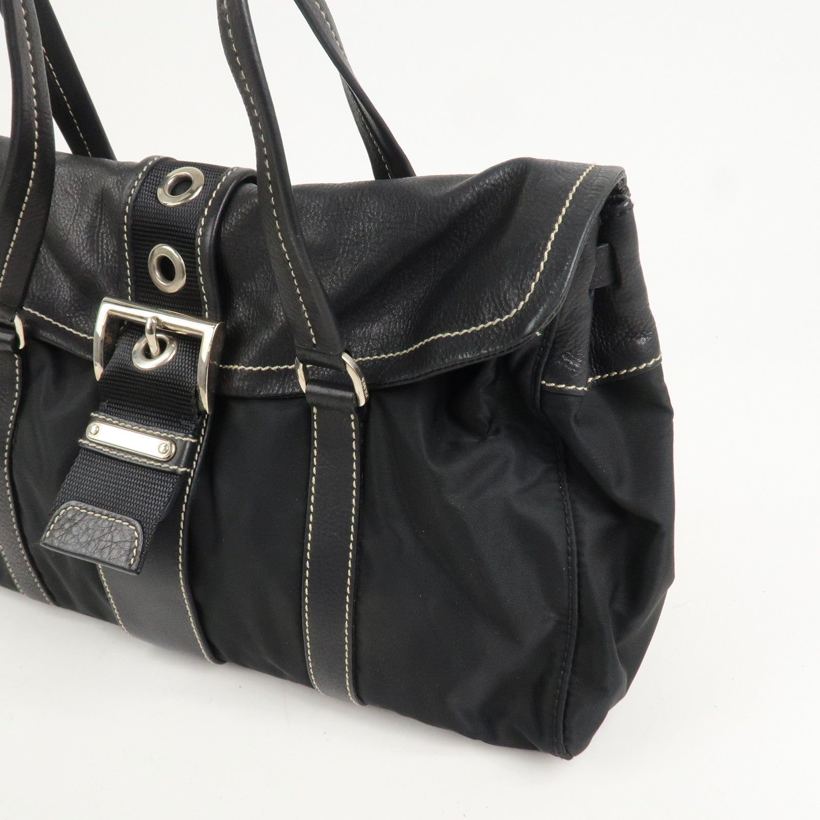PRADA Triangle Logo Nylon Leather Shoulder Bag Black BR2418