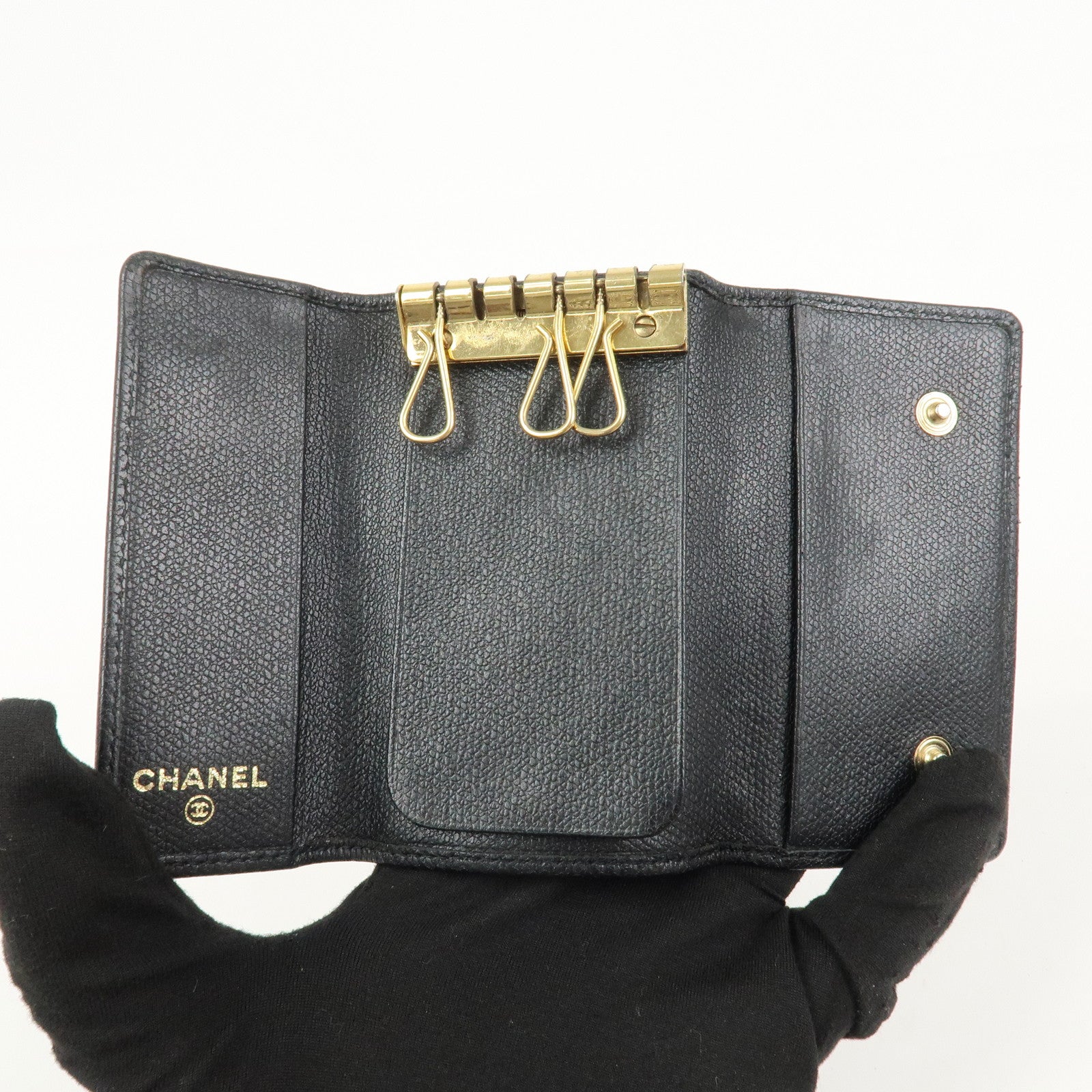 CHANEL Set Of 2 Leather Bi-Fold Long Wallet Key Case Black Gold