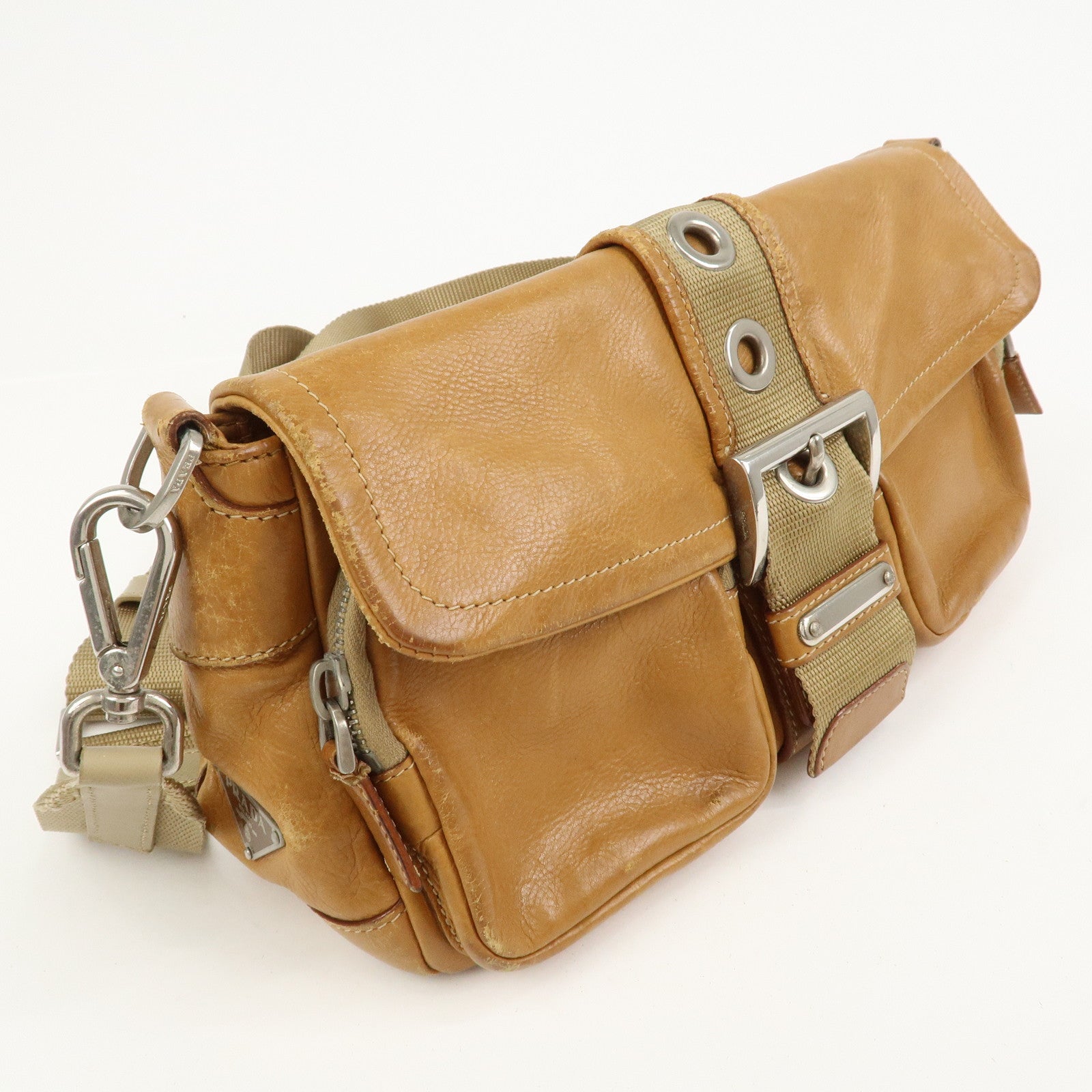 PRADA Triangle Logo Leather Front Pocket Shoulder Bag Brown BR2417