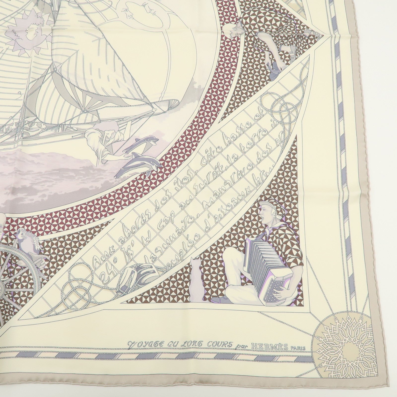 HERMES Carre 90 Silk 100% Scarf VOYAGE au LONGCOURS Ivory Used