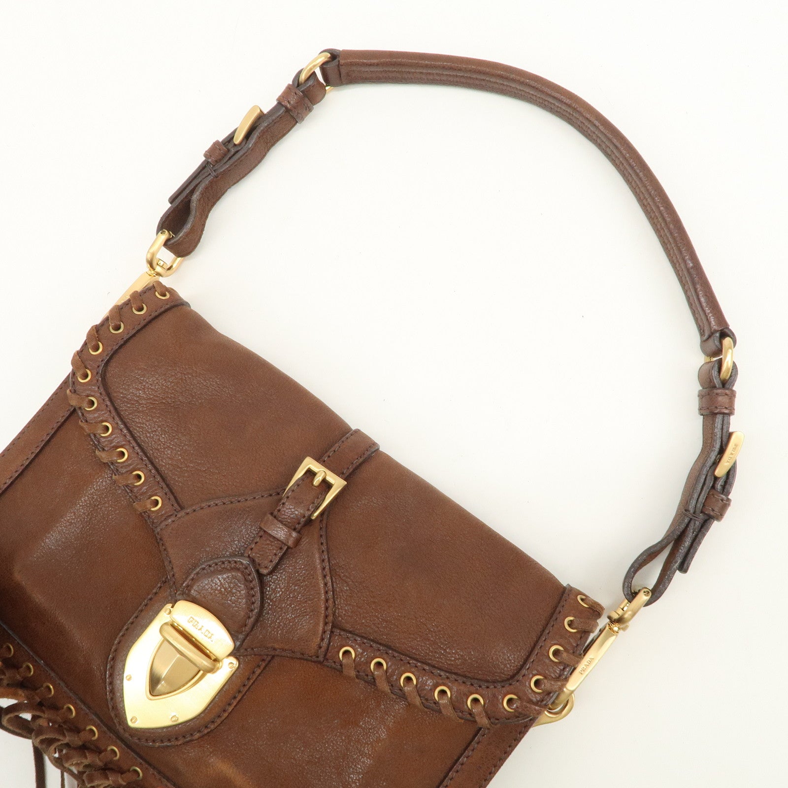 PRADA Fringe Leather 2Way Bag Shoulder Bag Clutch Bag Brown BR3165