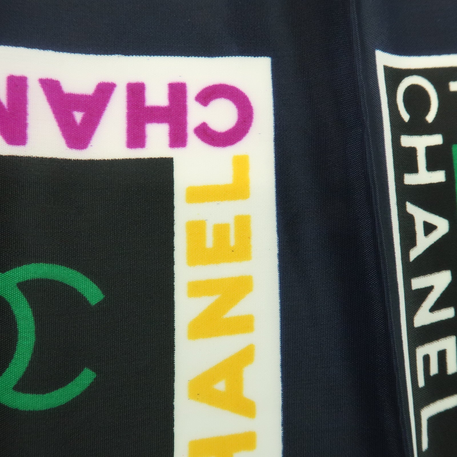 CHANEL COCO Mark Silk 100% Scarf Logo Print Black Multicolor
