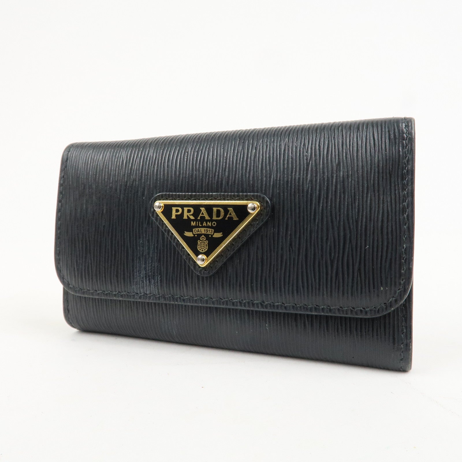 PRADA Triangle Logo Leather 6 Rings Key Case Black 1PG222