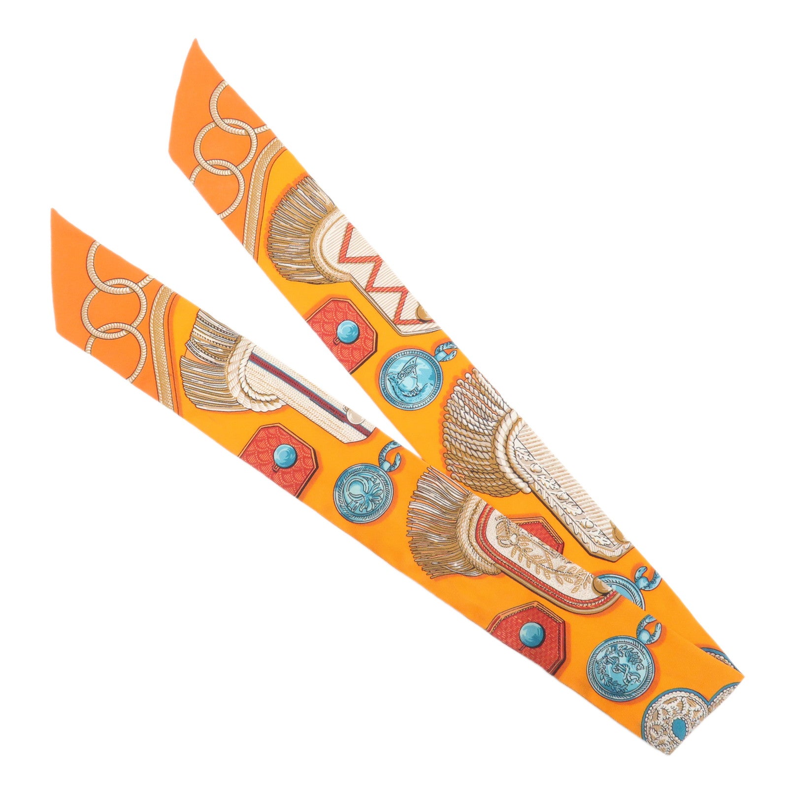 HERMES Twilly Tassel Motif Silk 100% Scarf Orange