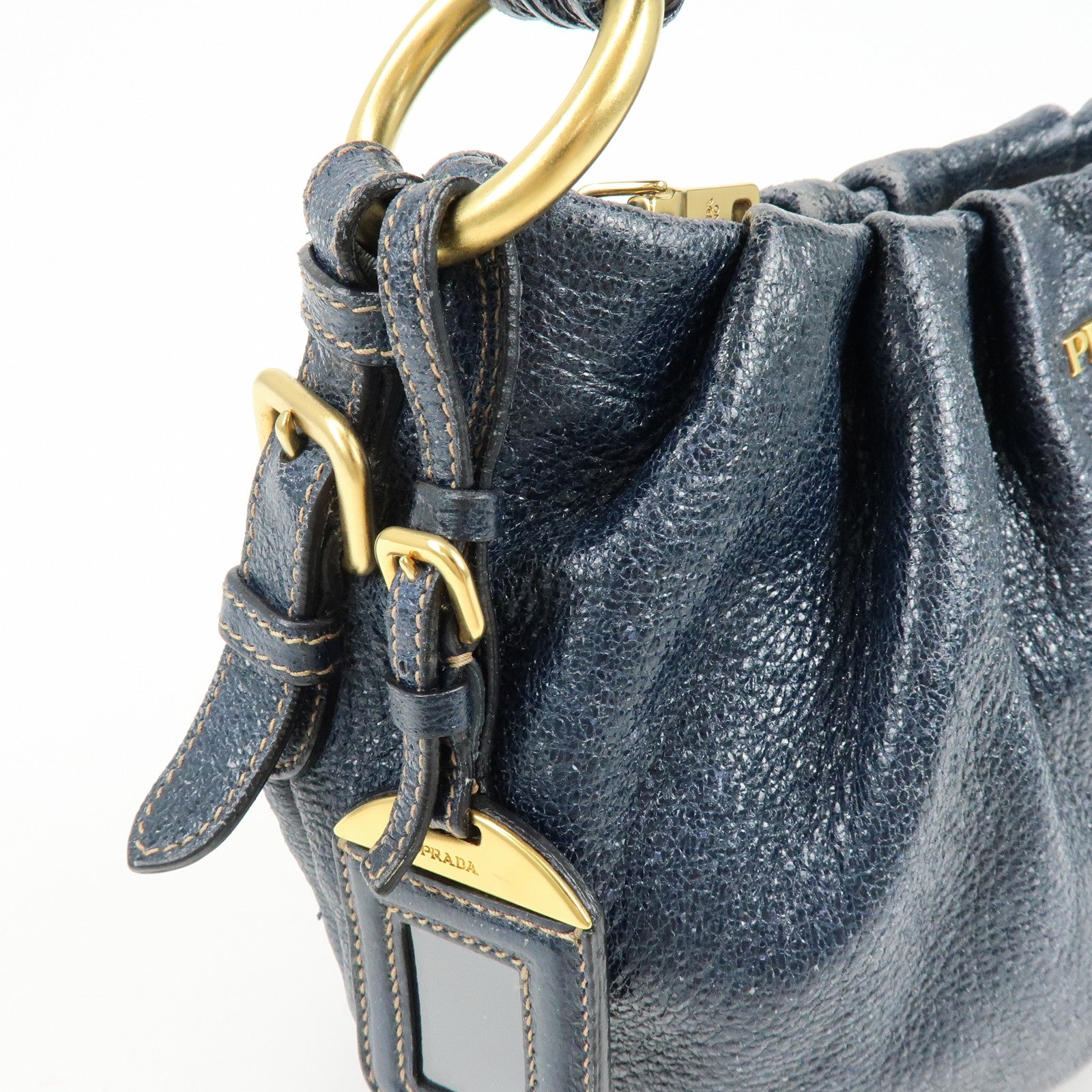 PRADA Logo Shiny Coated Leather Shoulder Bag Hand Bag Navy BR4070