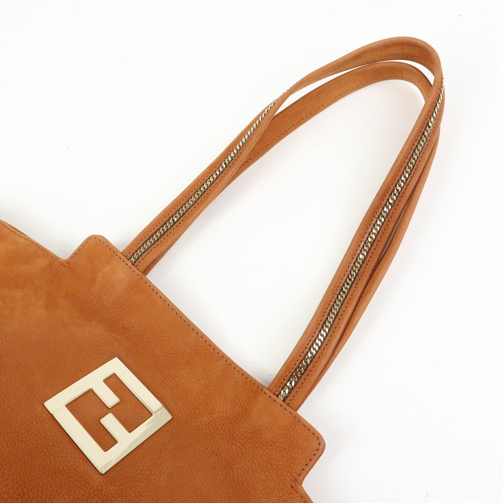 FENDI Leather LAMPO Tote Bag Shoulder Bag Camel Brown 8BR636