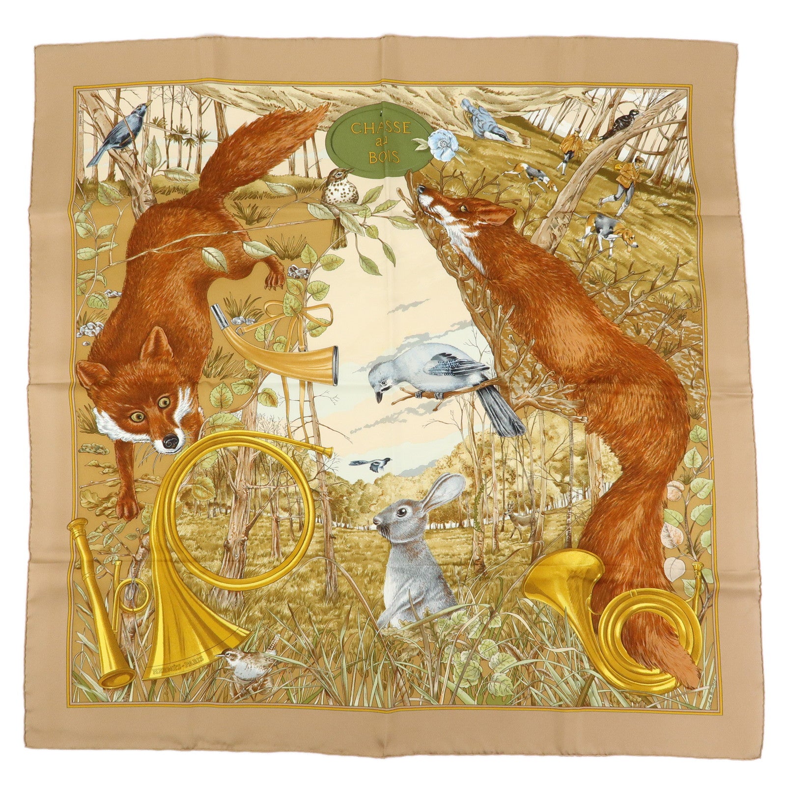 HERMES Carre 90 Silk 100% Scarf CHASSE au BOIS Brown