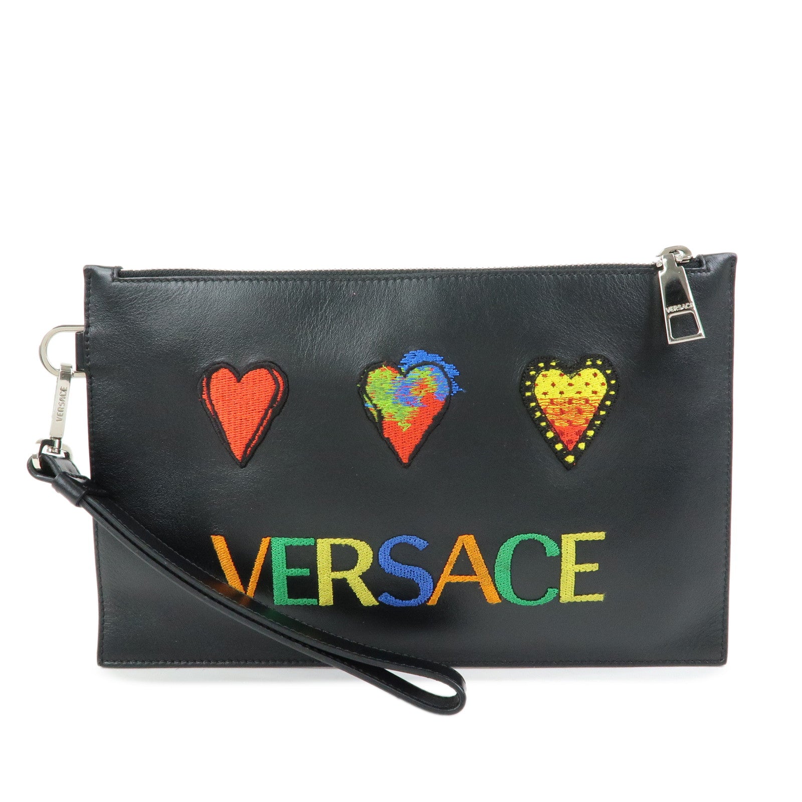 VERSACE Logo Leather Heart Wrist Bag Clutch Bag Black Multicolor