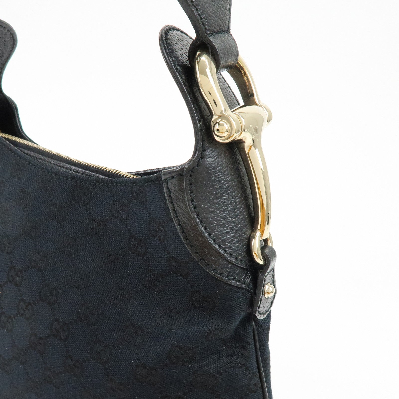 GUCCI Horsebit GG Canvas Leather Shoulder Bag Black 145826