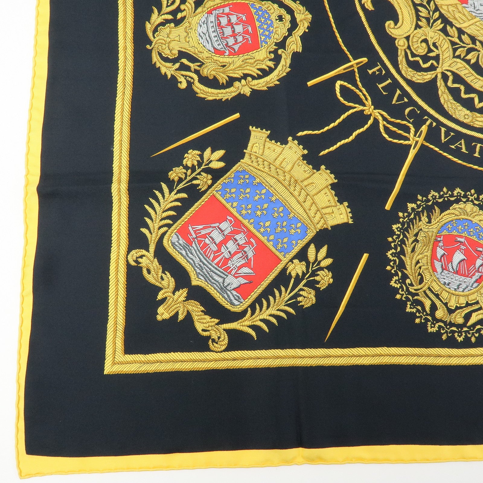 HERMES Carre 90 Silk 100% Les Armes de Paris Scarf Black Yellow Red