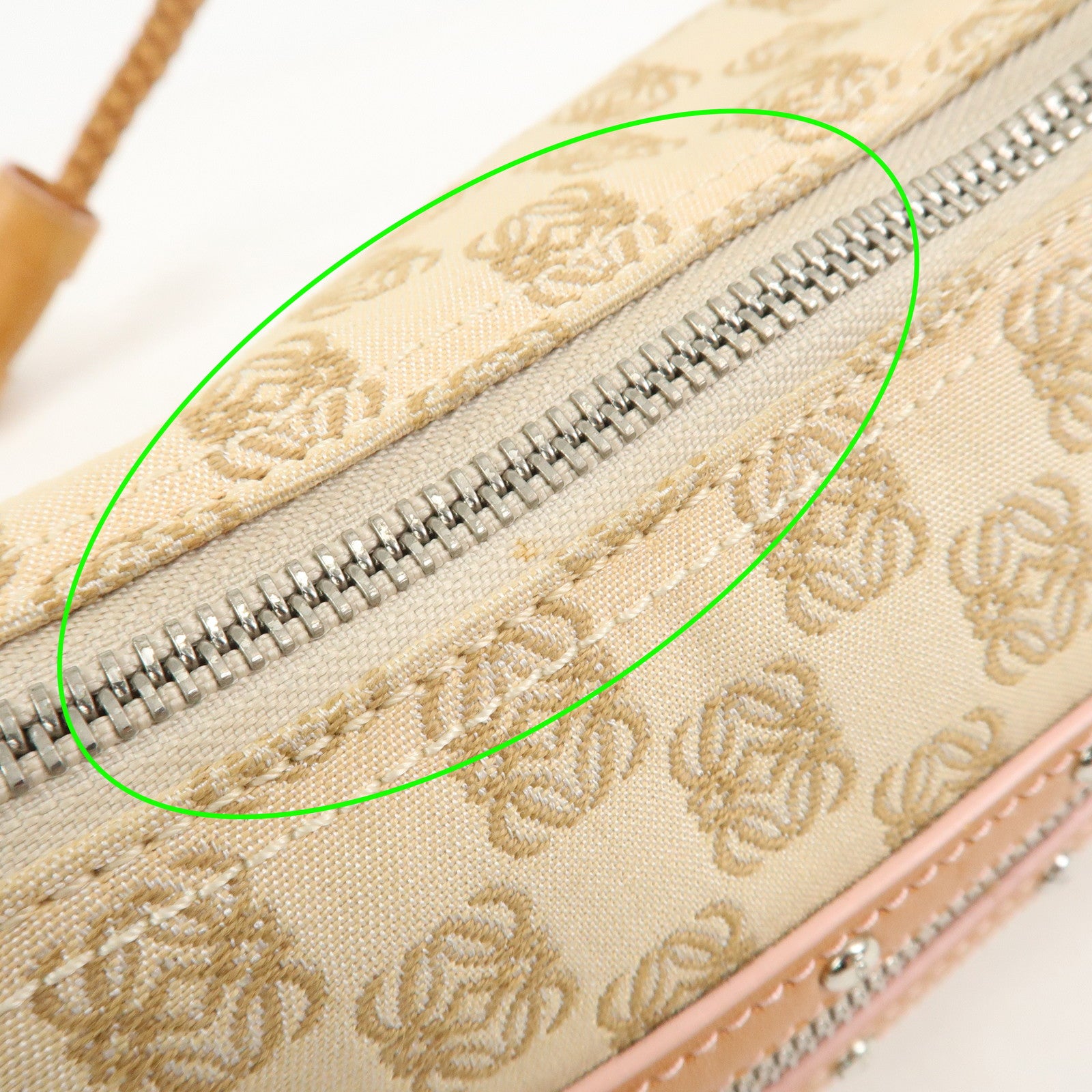 LOEWE Anagram Logo Canvas Shoulder Bag Leather Beige Light Brown