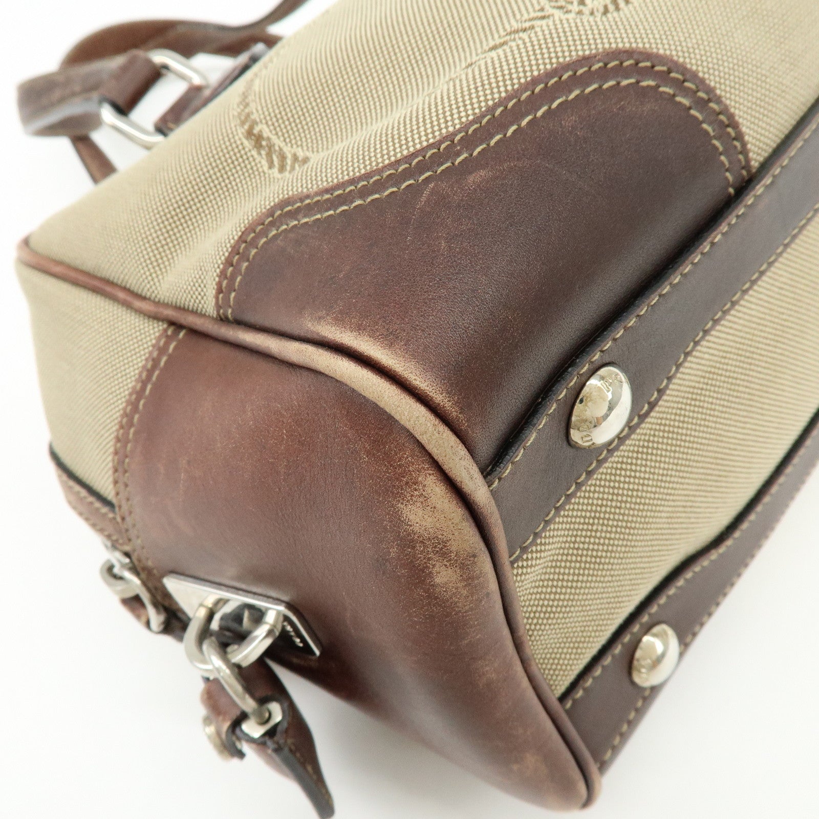 PRADA Leather Logo Jacquard Tote Bag Hand Bag Beige Brown