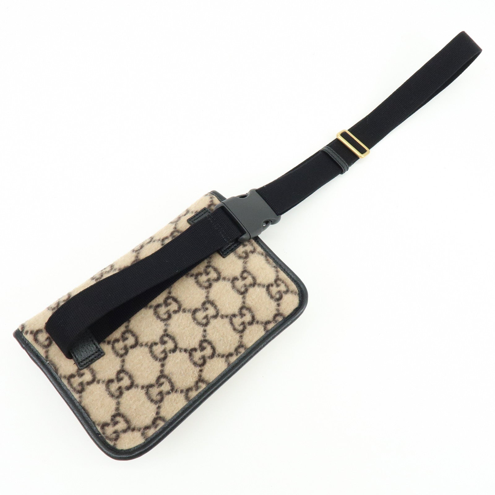 GUCCI GG Wool Leather Waist Pouch Body Bag Beige Black 598181