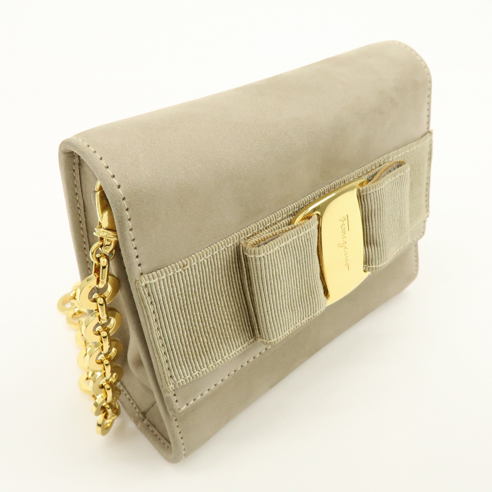 Ferragamo Vara Suede 3Way Chain Shoulder Bag Clutch Waist Bag Beige