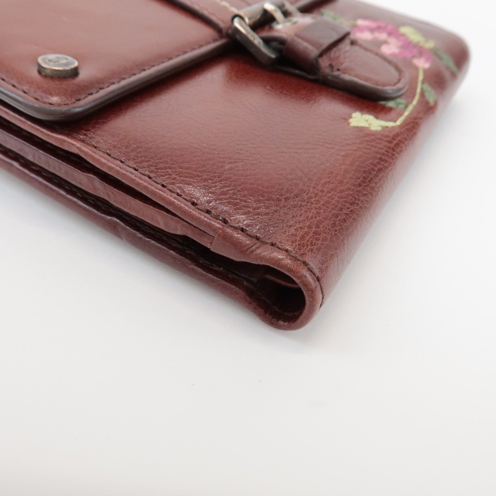 Christian Dior Leather Flower Embroidery Motif Compact Wallet Brown