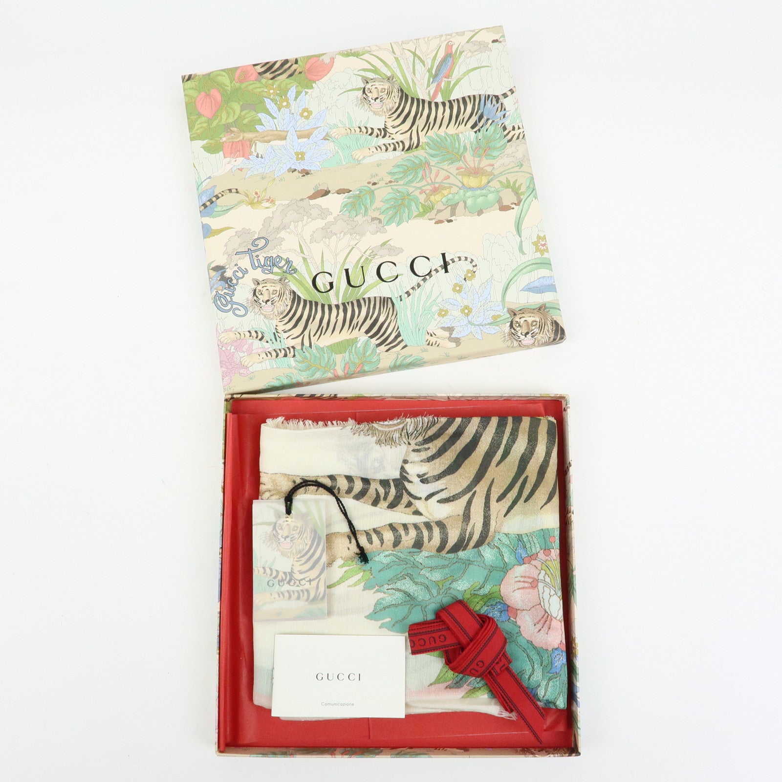 GUCCI Interlocking G Sherry GG Rayon Silk Scarf Tiger Motif Ivory