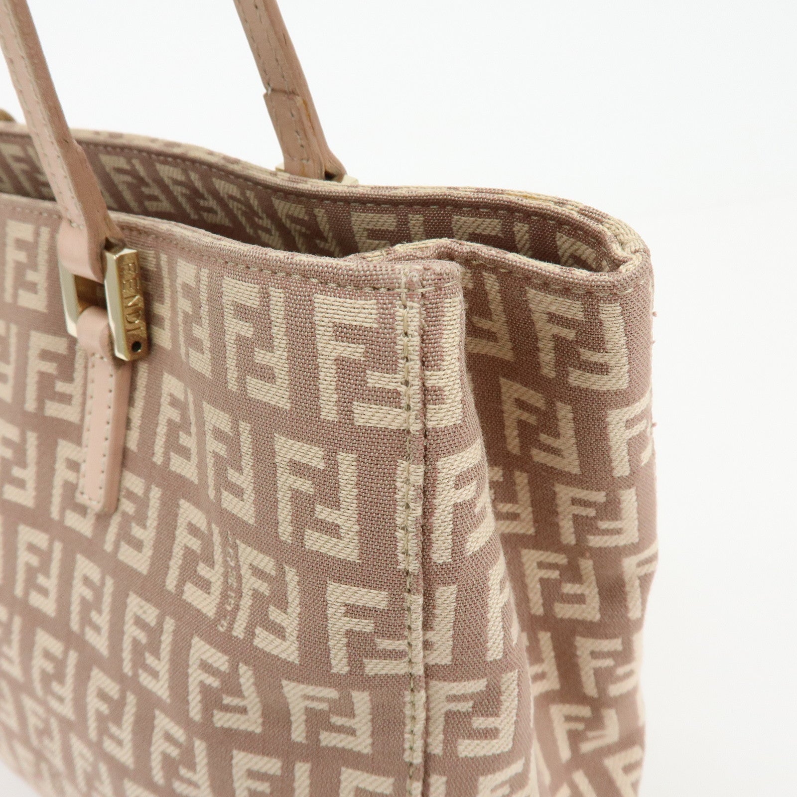 FENDI Zucchino Canvas Leather Hand Bag Tote Bag Pink Beige 8BH132
