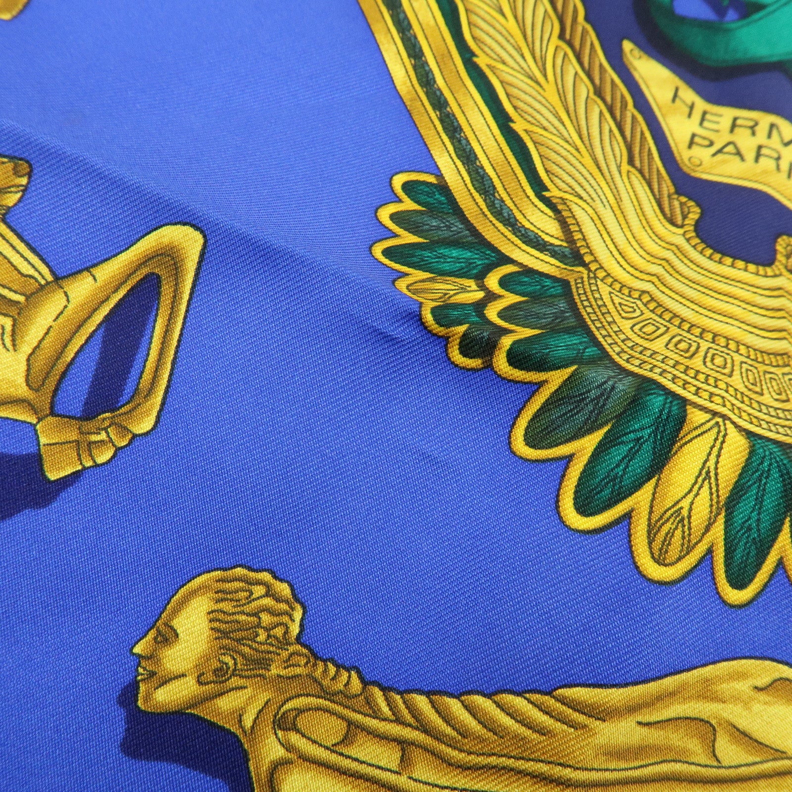 HERMES Carre 90 Silk 100% Scarf LES PARURES DU VENT Navy Gold