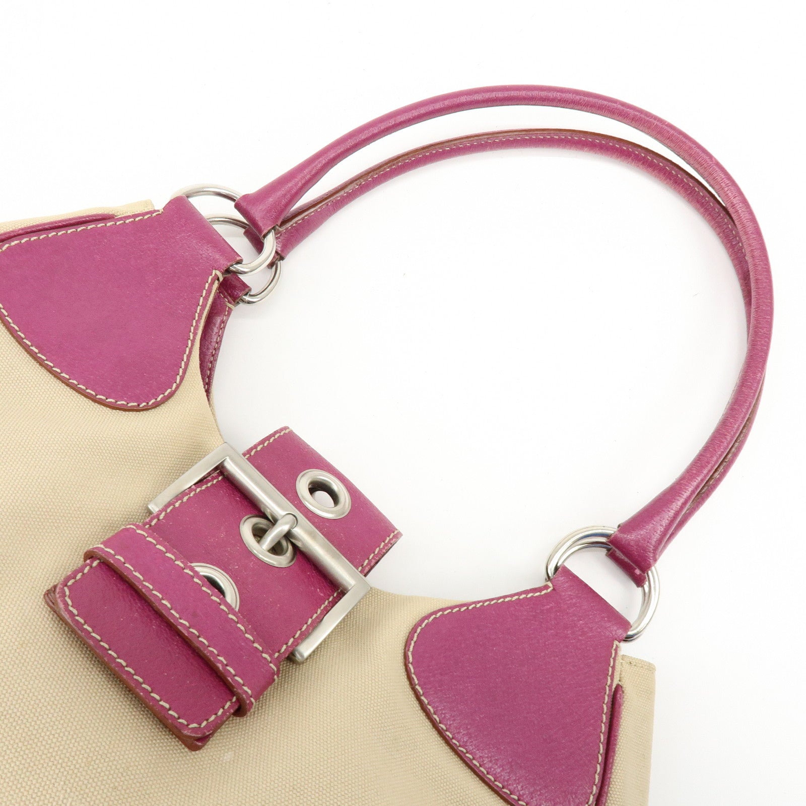 PRADA Triangle Logo Canvas Leather Hand Bag Beige Purple BR0811