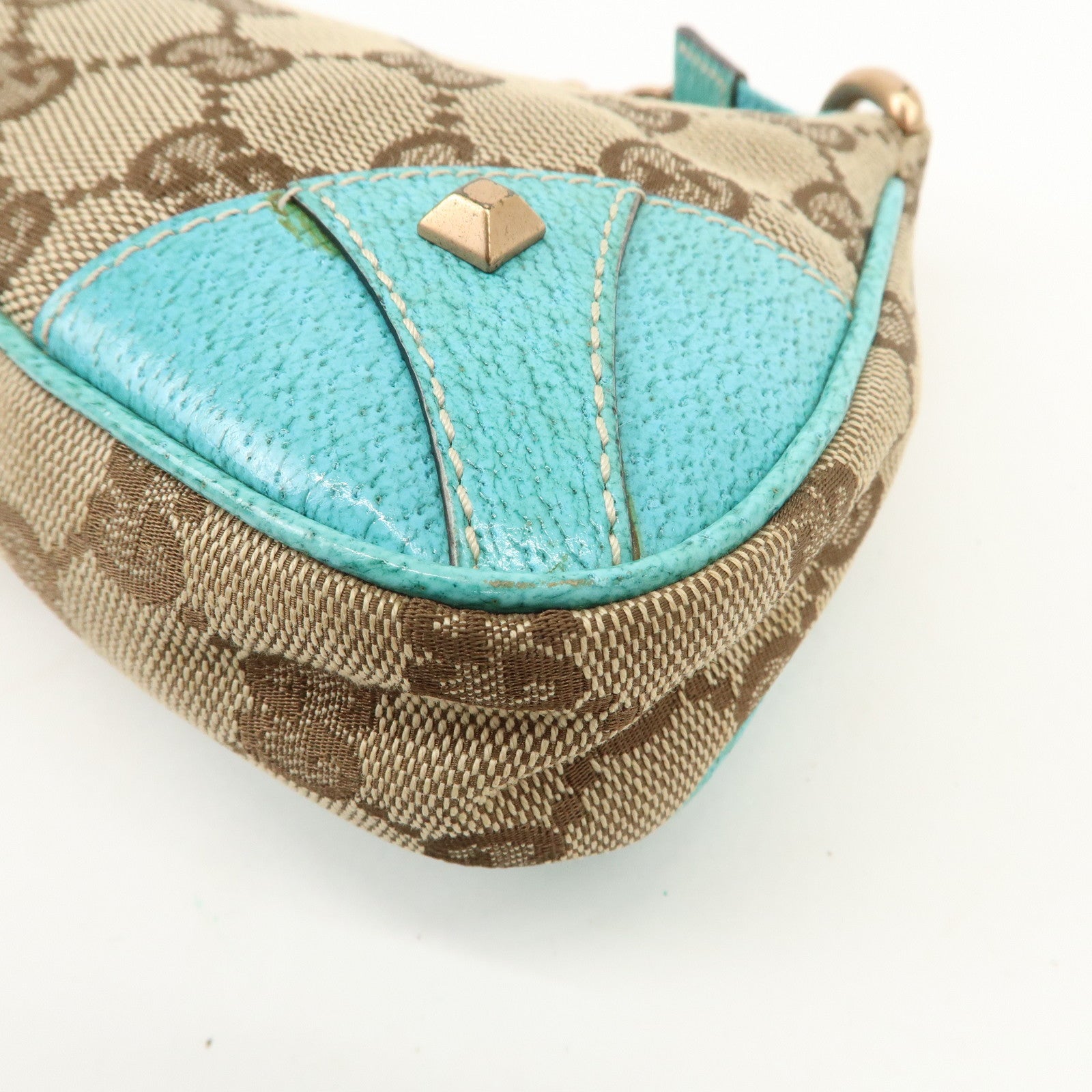 GUCCI GG Canvas Leather Chain Shoulder Bag Beige Turquoise Blue 120940 Used