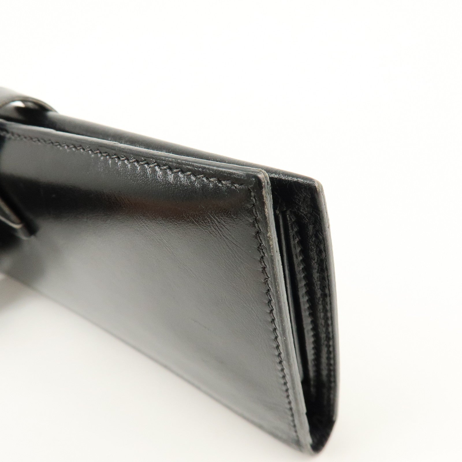 HERMES Bearn Box Calf Bi-fold Long Wallet □F Stamped Black