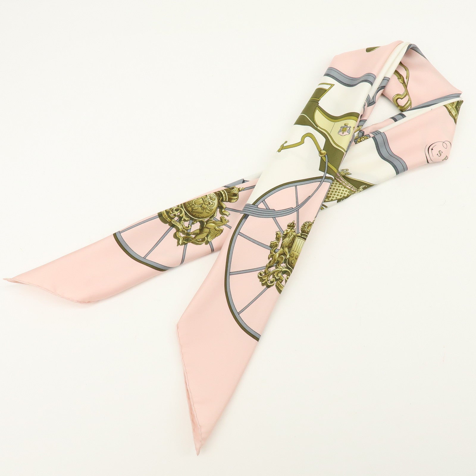 HERMES Carre 90 Silk 100% Scarf SPRINGS Carriage Print Pink White