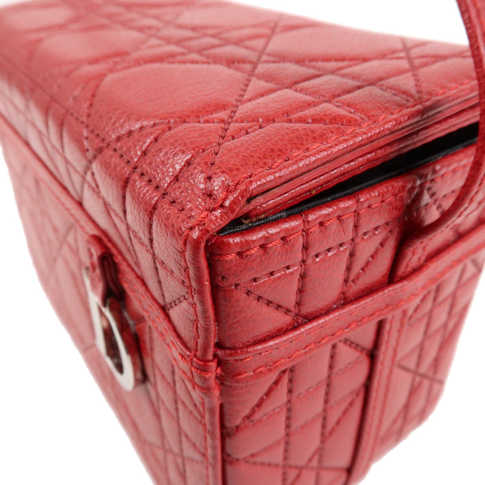 Christian Dior Cannage Leather Vanity Bag Hand Bag Red Silver HDW Used