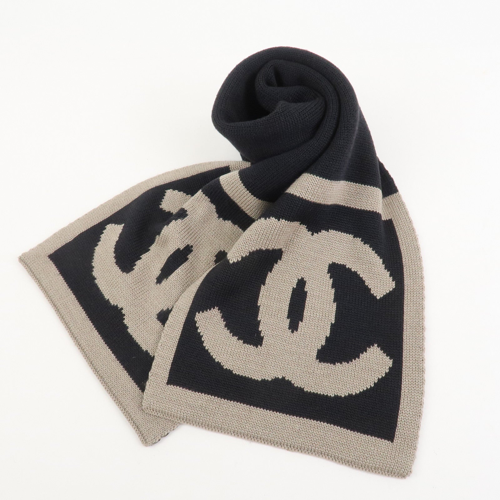 CHANEL COCO Mark Cashmere Wool Silk Scarf Black Brown