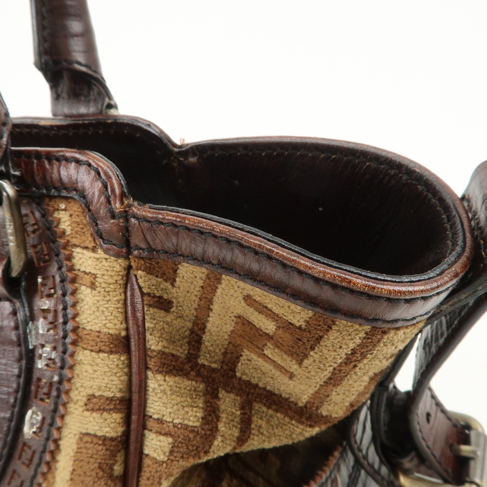 FENDI Suede Leather Ethnico Tote Bag Shoulder Bag Brown 8BN157