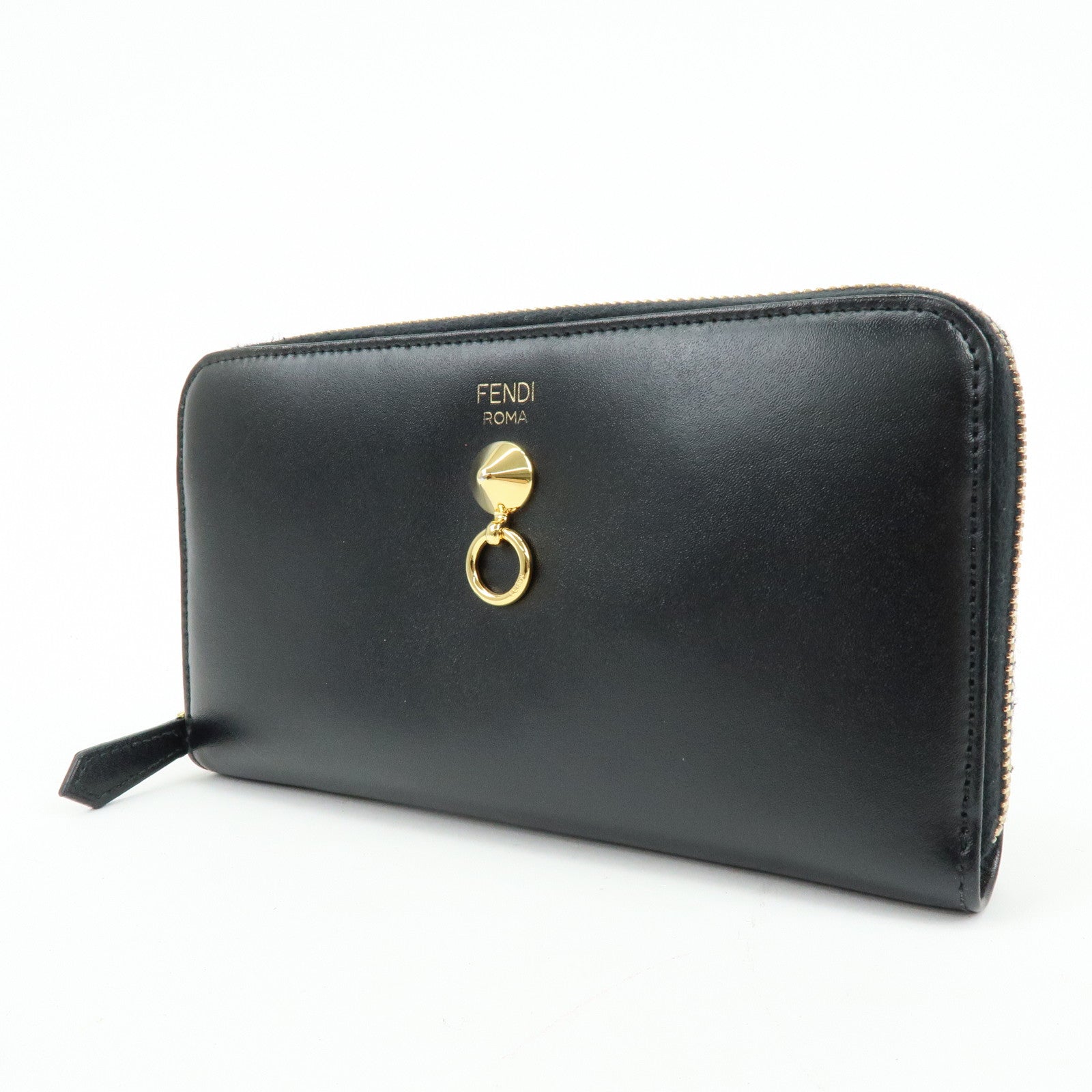 FENDI Leather Round Zippy Long Wallet Black 8M0299