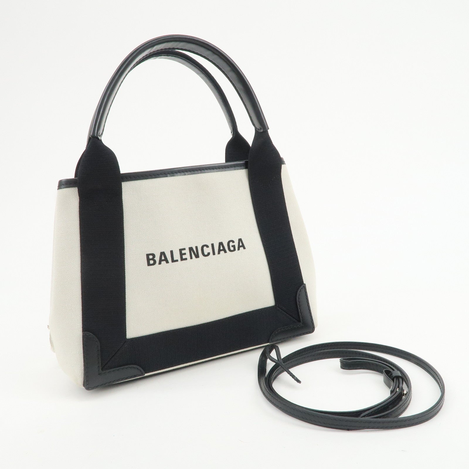 BALENCIAGA Navy Cabas XS Canvas Calf Skin 2Way Hand Bag 390346