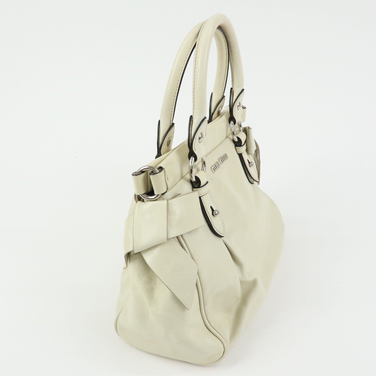 MIU MIU Logo Side Ribbon Leather 2Way Hand Bag Shoulder Bag Ivory