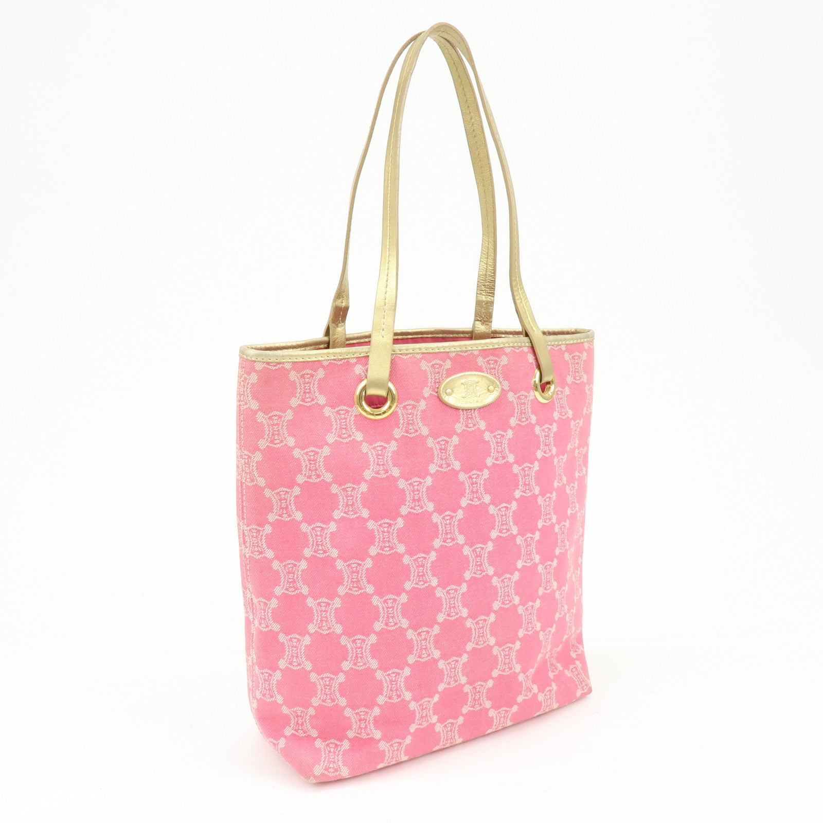CELINE Macadam Logo Canvas Leather Tote Bag Shoulder Bag Pink Gold