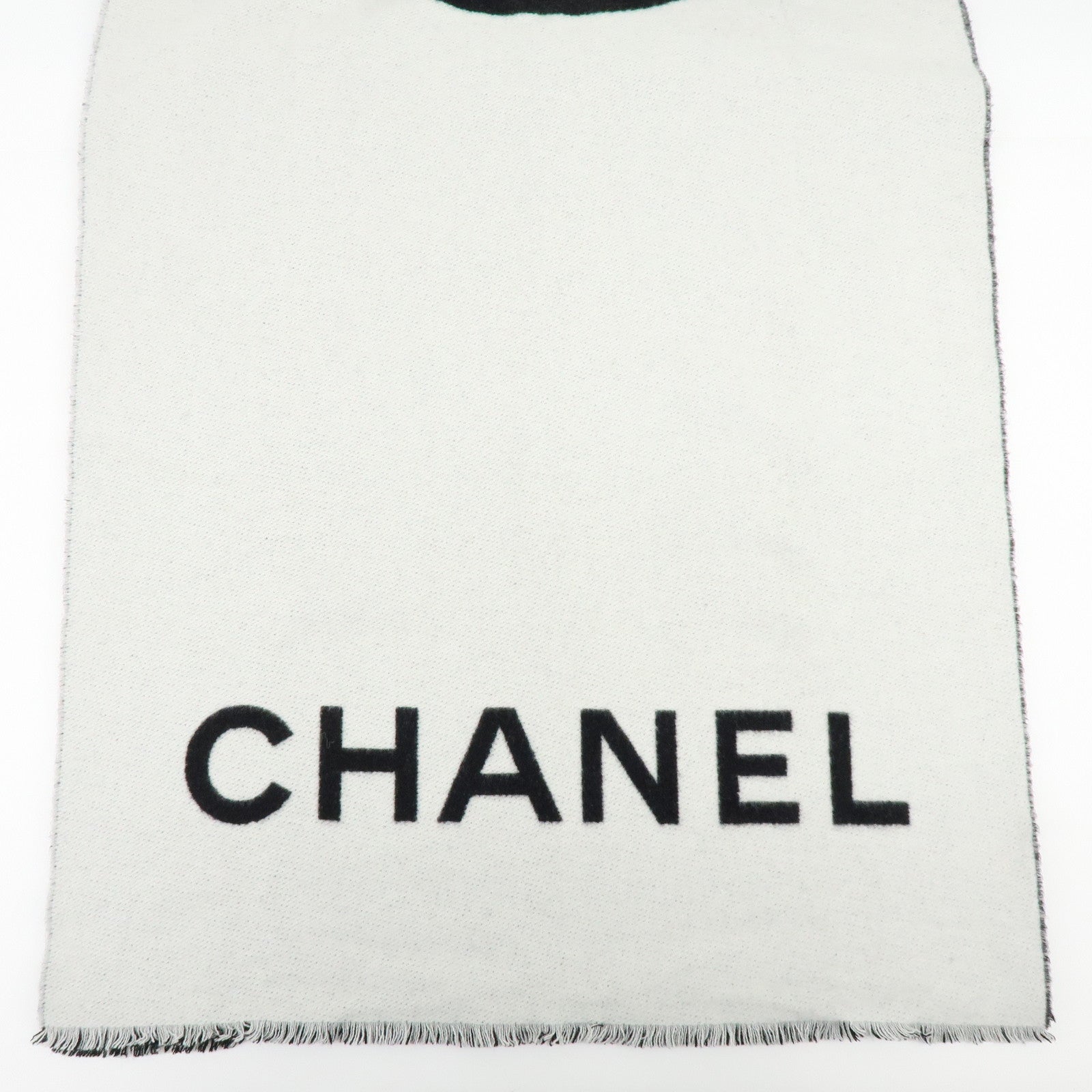 CHANEL Logo COCO Mark Cashmere 100%  Scarf Shawl White Black