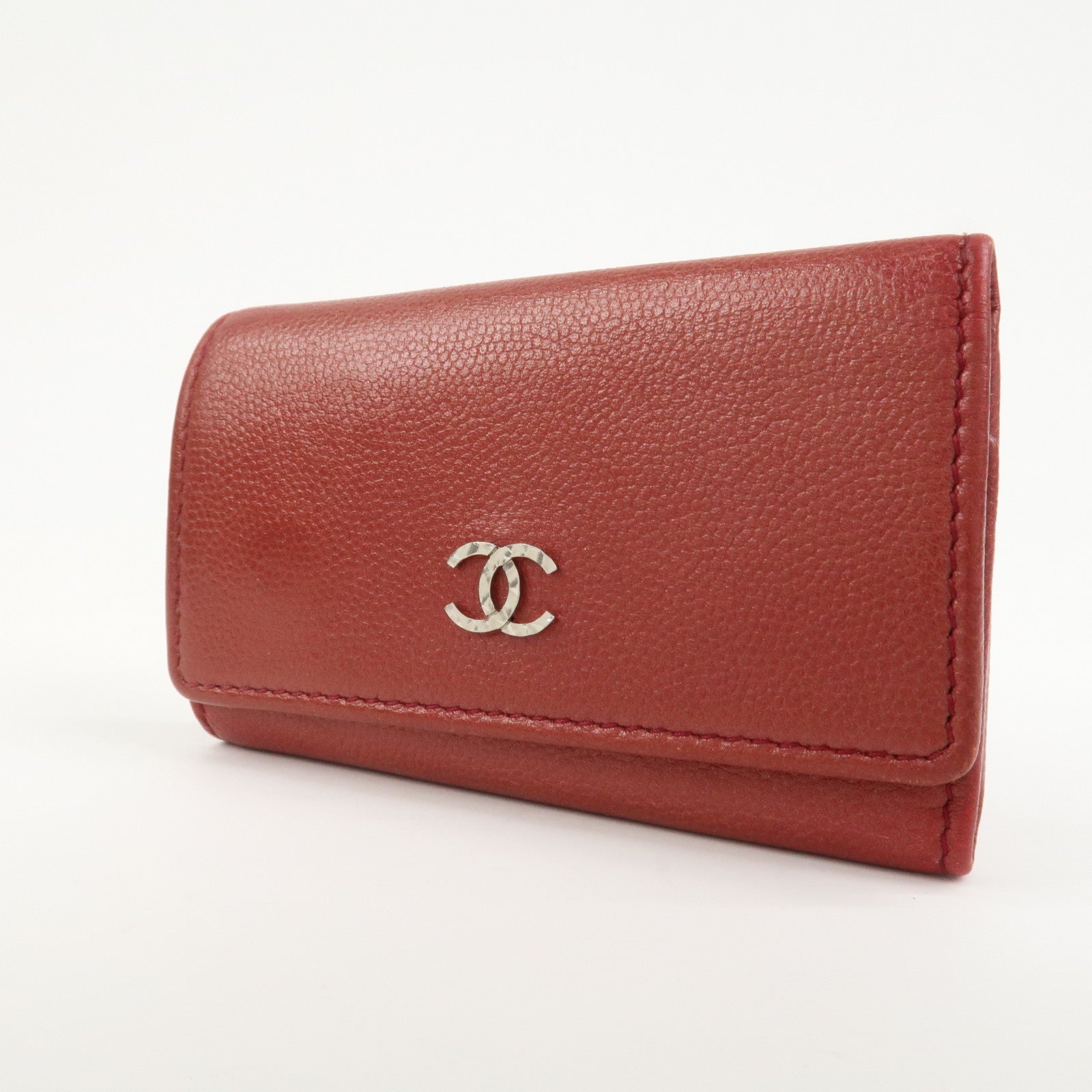 CHANEL COCO Mark Caviaskin Leather 6 Rings Key Case Key Ring Red