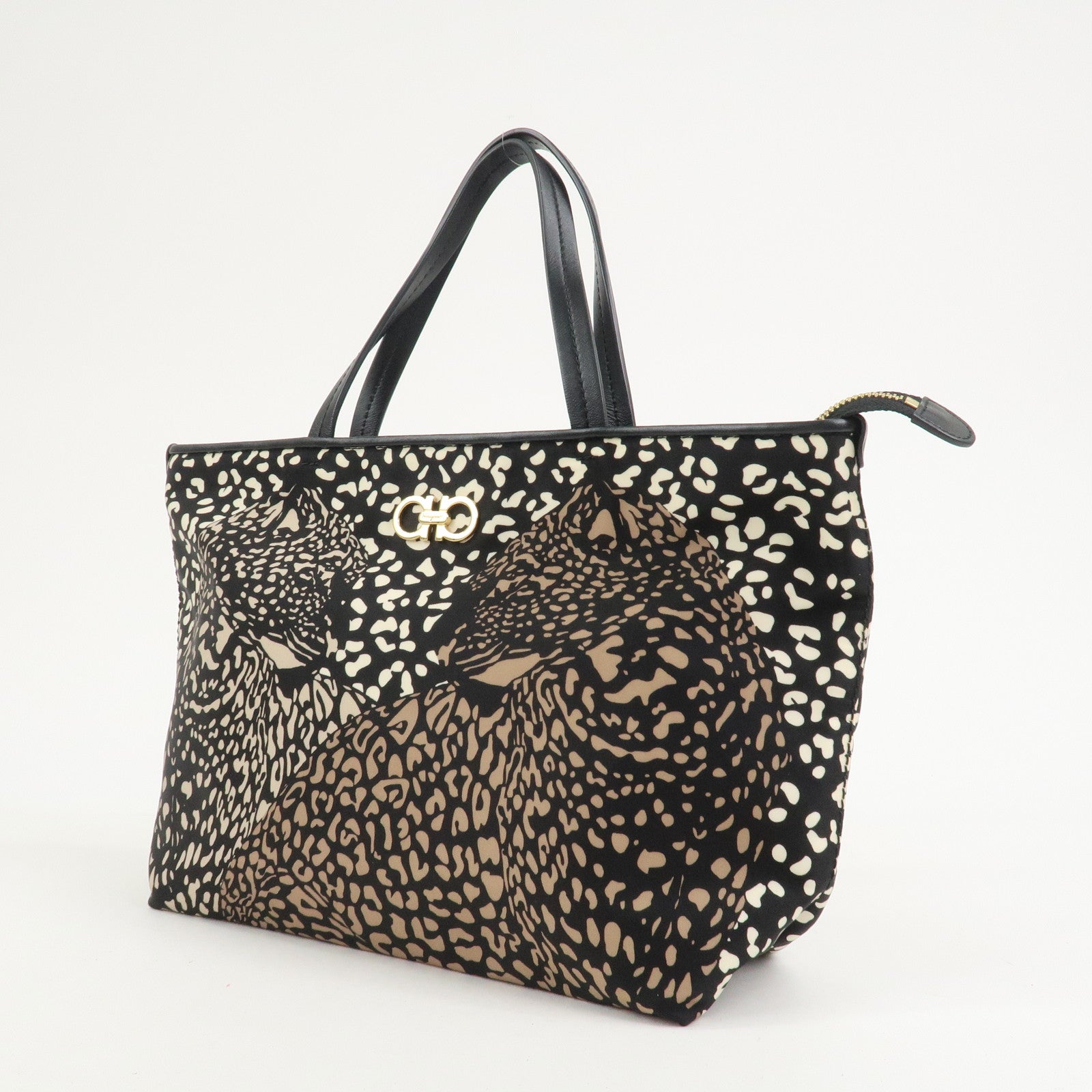 Ferragamo Gancini Nylon Leather Tote Bag Hand Bag Leopard Black