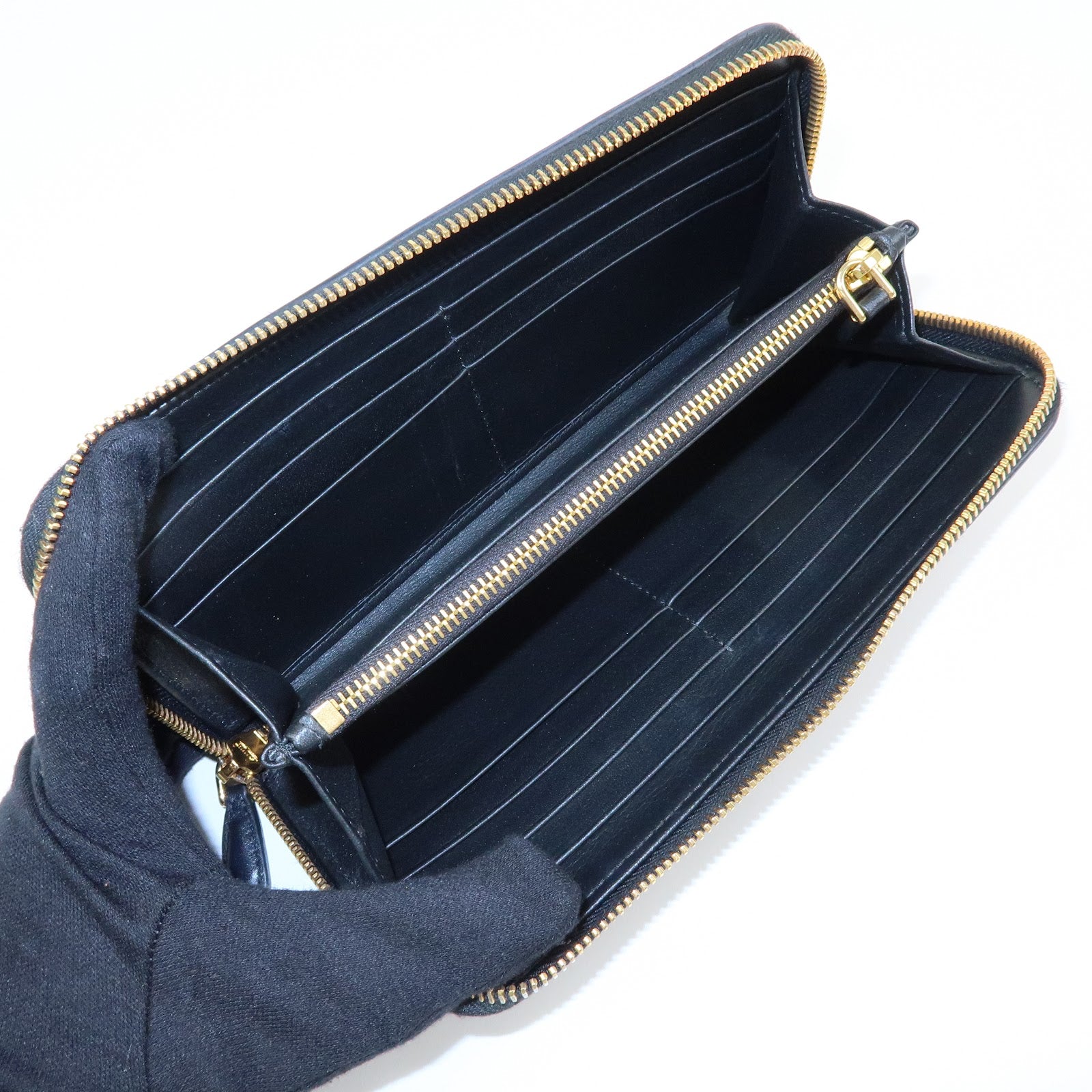 PRADA Triangle Logo Studs Leather Round Zippy Long Wallet Black