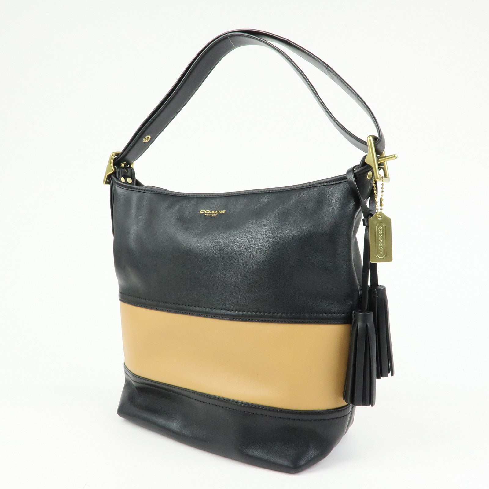COACH Leather Shoulder Bag Tassel Charm Black Beige