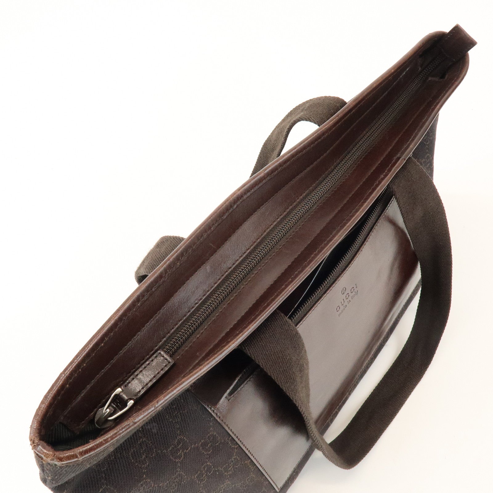 GUCCI GG Canvas Leather Tote Bag Shoulder Bag Dark Brown 34339